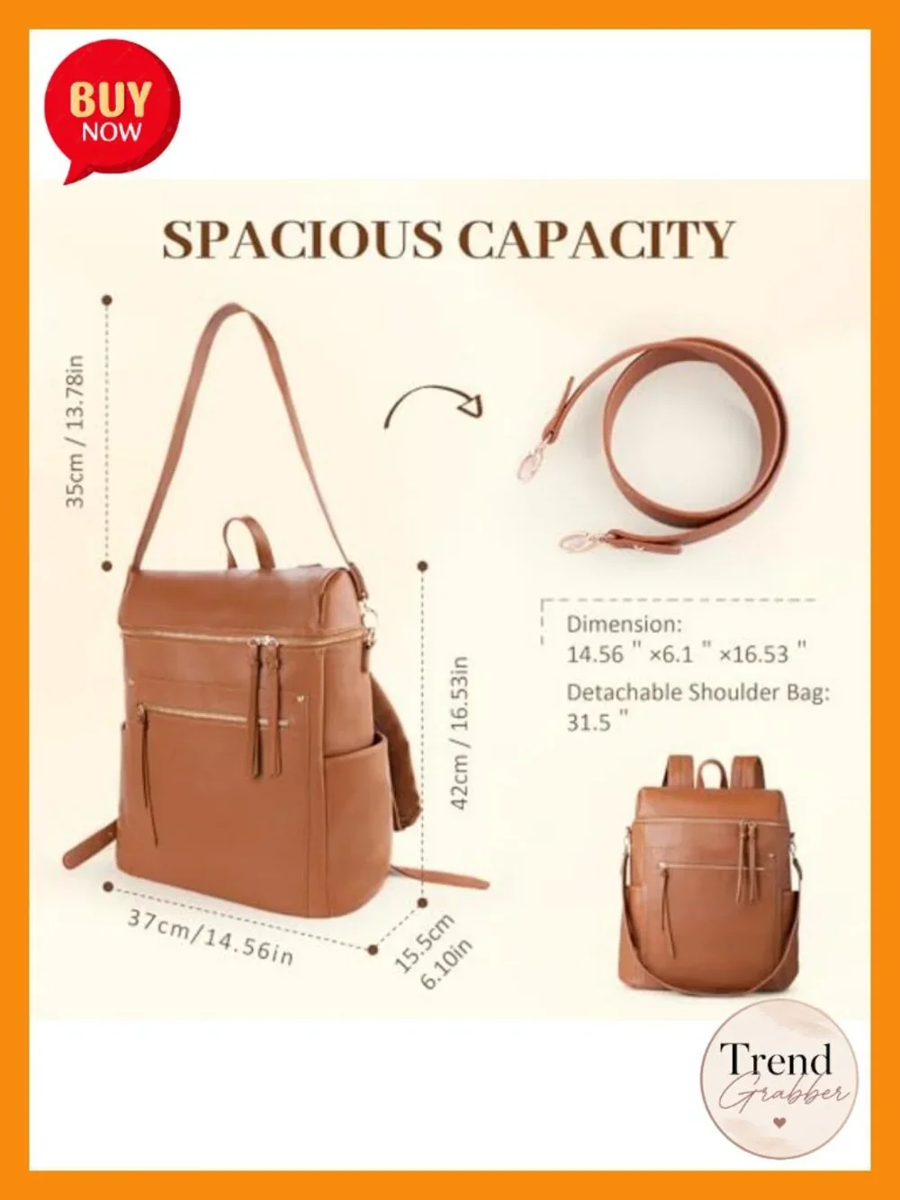 Convertible Leather Laptop Backpack Women Work Travel Bag with Detachable Strap